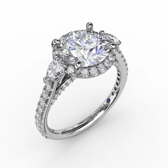 FANA Rings Round Diamond Halo Engagement Ring With PearShape Side Stones