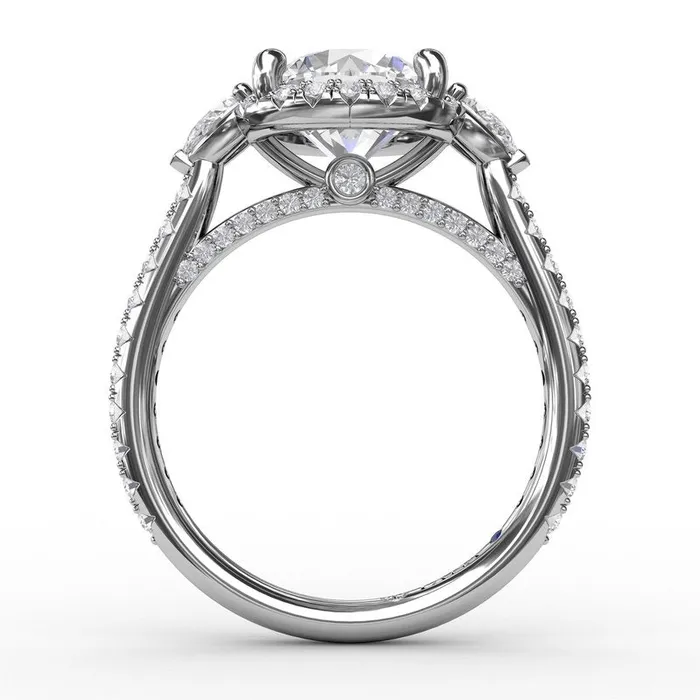 FANA Rings Round Diamond Halo Engagement Ring With PearShape Side Stones