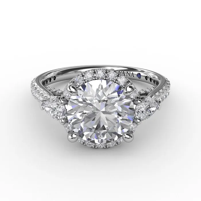 FANA Rings Round Diamond Halo Engagement Ring With PearShape Side Stones
