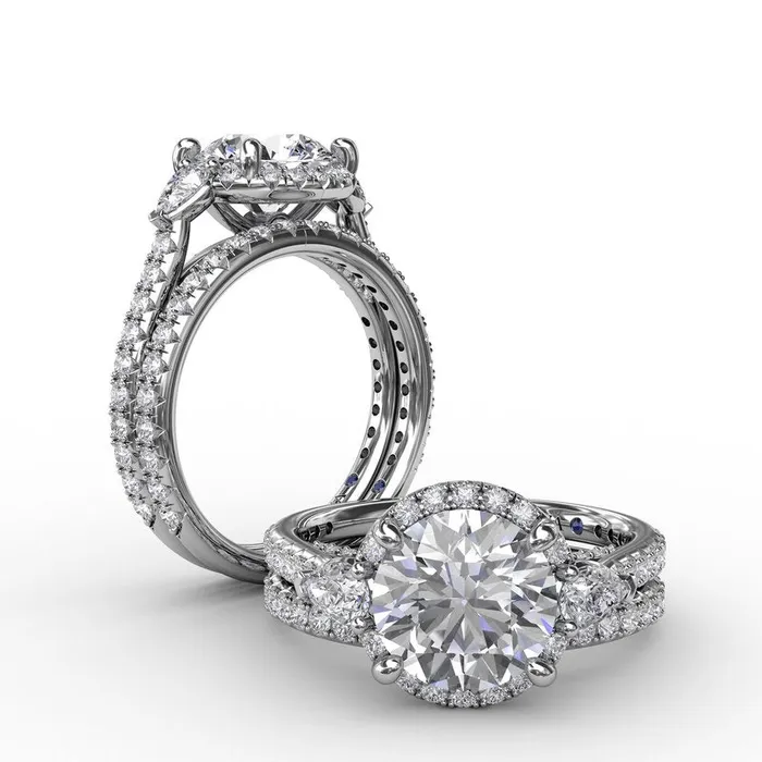 FANA Rings Round Diamond Halo Engagement Ring With PearShape Side Stones