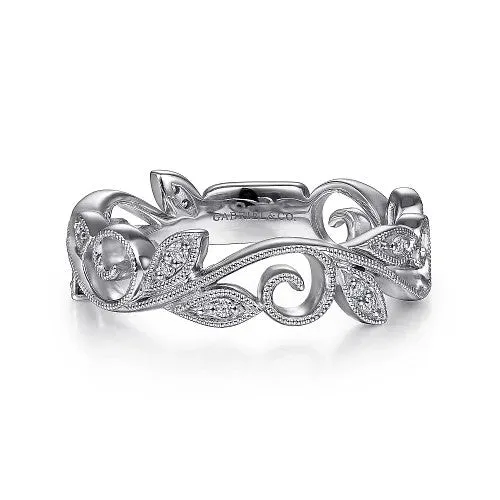 GABRIEL CO 14K White Gold Scrolling Floral Diamond Stackable Ring Rings