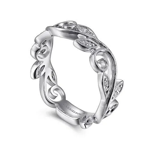 GABRIEL CO 14K White Gold Scrolling Floral Diamond Stackable Ring Rings