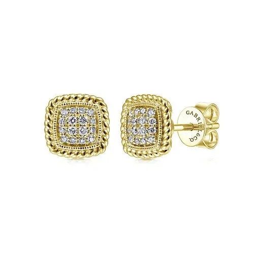GABRIEL CO 14K Yellow Gold Cushion Shape Pave Diamond Stud Earrings Earrings
