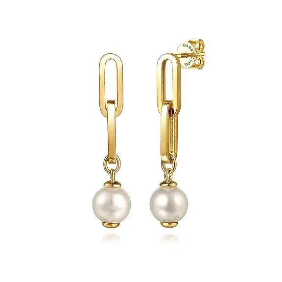 GABRIEL CO 14K Yellow Gold Pearl Stud Drop Link Earrings Earrings