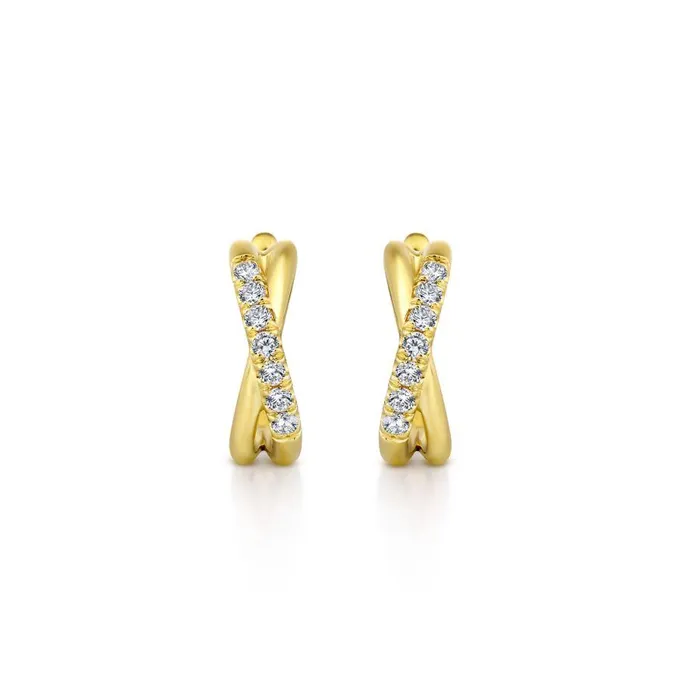 GABRIEL CO Earrings 14K Yellow Gold Twisted 15mm Diamond Huggies