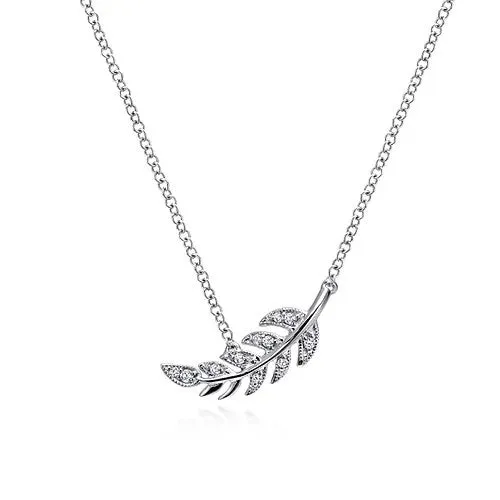 GABRIEL CO Necklaces 14K White Gold Diamond Leaf Pendant Necklace