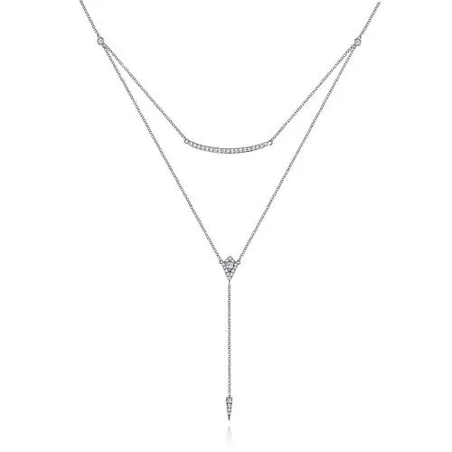 GABRIEL CO Necklaces 14K White Gold Layered Curved Bar and Diamond Drop Y Necklace GABRIEL CO Necklaces 14K White Gold Layered Curved Bar and Diamond Drop Y Necklace