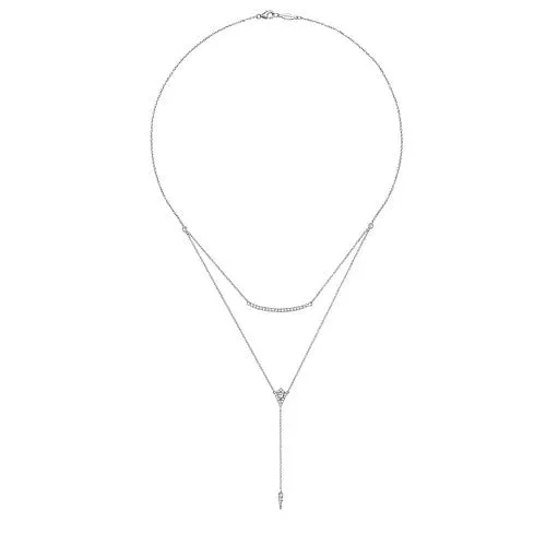 GABRIEL CO Necklaces 14K White Gold Layered Curved Bar and Diamond Drop Y Necklace GABRIEL CO Necklaces 14K White Gold Layered Curved Bar and Diamond Drop Y Necklace