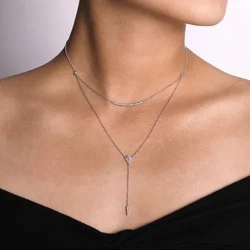 GABRIEL CO Necklaces 14K White Gold Layered Curved Bar and Diamond Drop Y Necklace GABRIEL CO Necklaces 14K White Gold Layered Curved Bar and Diamond Drop Y Necklace