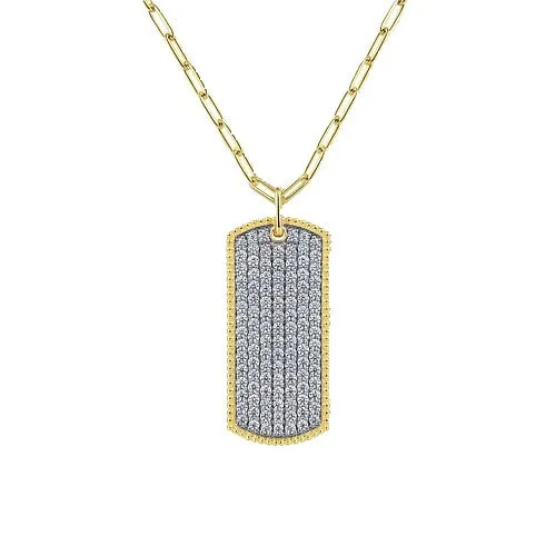 GABRIEL CO Necklaces 14K Yellow Gold Diamond Pave Dog Tag Pendant Hollow Chain Necklace GABRIEL CO Necklaces 14K Yellow Gold Diamond Pave Dog Tag Pendant Hollow Chain Necklace