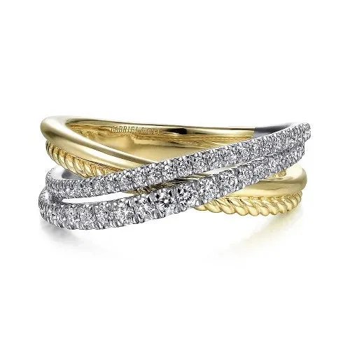 GABRIEL CO Rings 14K WhiteYellow Gold Twisted Rope and Diamond Criss Cross Ring GABRIEL CO Rings 14K WhiteYellow Gold Twisted Rope and Diamond Criss Cross Ring