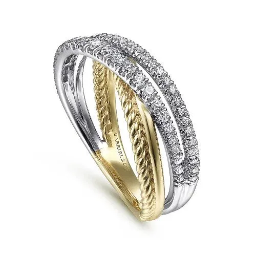 GABRIEL CO Rings 14K WhiteYellow Gold Twisted Rope and Diamond Criss Cross Ring GABRIEL CO Rings 14K WhiteYellow Gold Twisted Rope and Diamond Criss Cross Ring