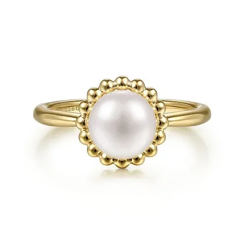 GABRIEL CO Rings 14K Yellow Gold Pearl Ring with Bujukan Beaded Halo