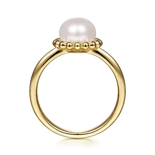 GABRIEL CO Rings 14K Yellow Gold Pearl Ring with Bujukan Beaded Halo