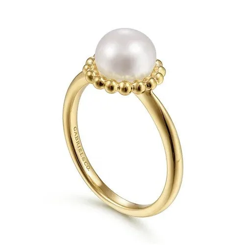 GABRIEL CO Rings 14K Yellow Gold Pearl Ring with Bujukan Beaded Halo