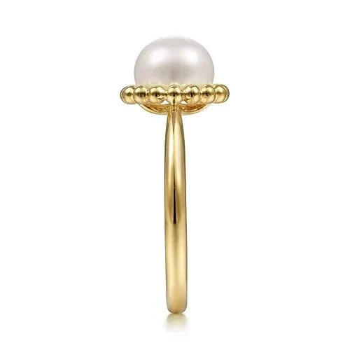GABRIEL CO Rings 14K Yellow Gold Pearl Ring with Bujukan Beaded Halo