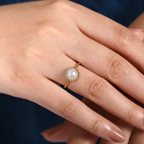 GABRIEL CO Rings 14K Yellow Gold Pearl Ring with Bujukan Beaded Halo
