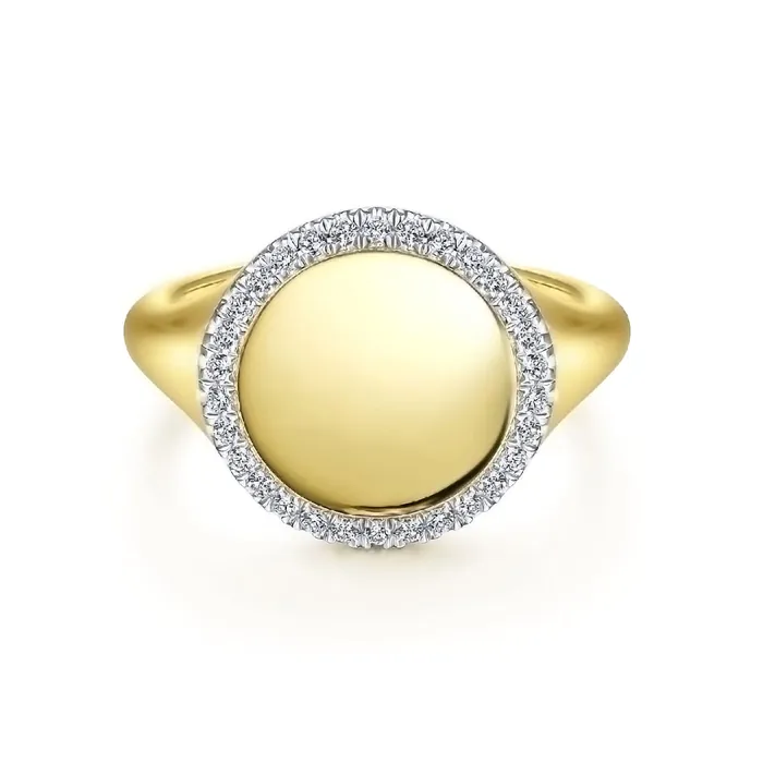 GABRIEL CO Rings 14K Yellow Gold Pinky Signet Ring with Diamond Halo