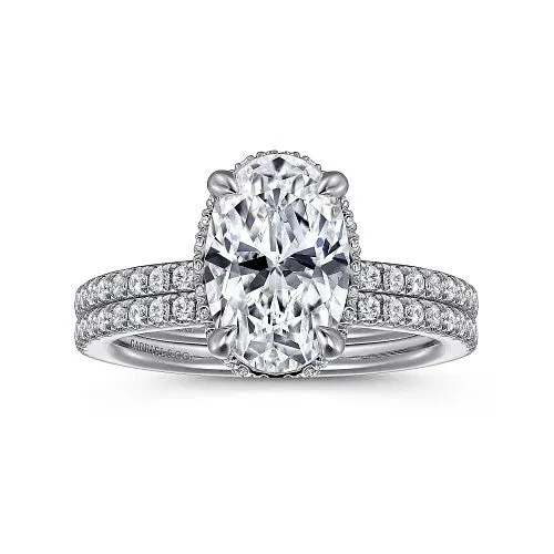 GABRIEL CO Rings Allesia 14K White Gold Oval Cut Hidden Halo Diamond Engagement Ring Setting Only
