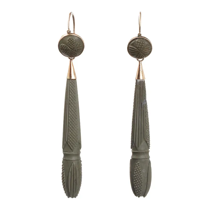 Georgian Era Carved Lava Torpedo Drop Earrings Bell Bird Antiques Earrings Georgian Era Carved Lava Torpedo Drop Earrings Bell Bird Antiques Earrings
