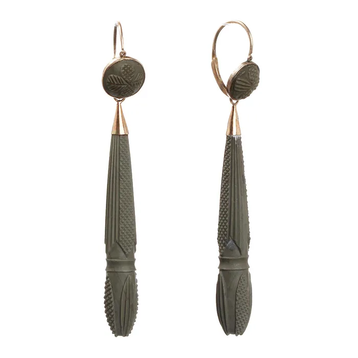 Georgian Era Carved Lava Torpedo Drop Earrings Bell Bird Antiques Earrings