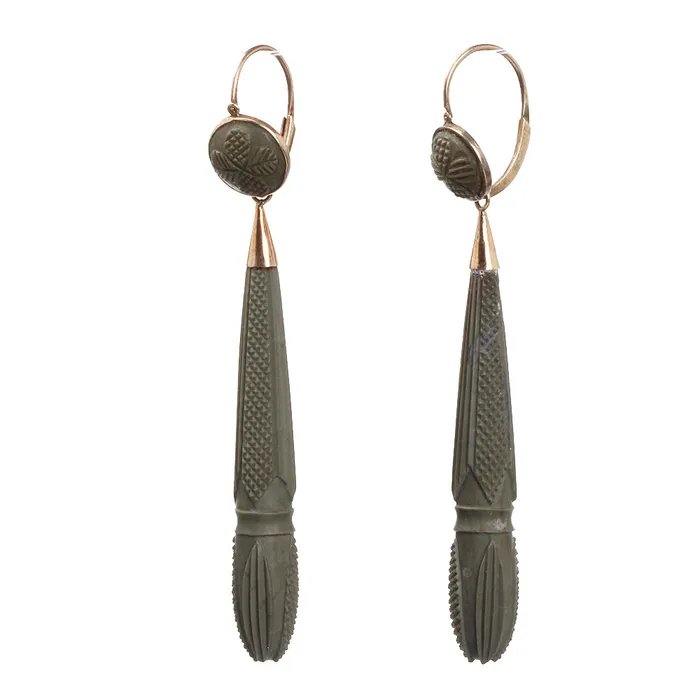 Georgian Era Carved Lava Torpedo Drop Earrings Bell Bird Antiques Earrings
