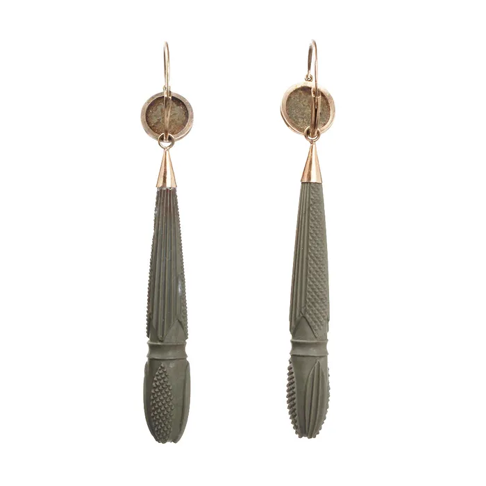 Georgian Era Carved Lava Torpedo Drop Earrings Bell Bird Antiques Earrings