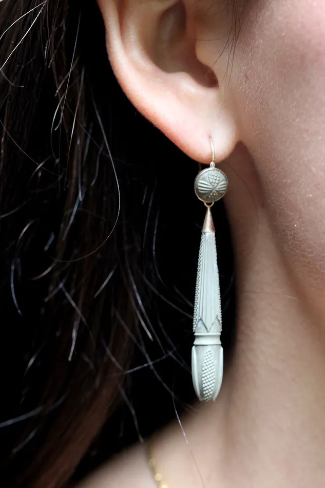 Georgian Era Carved Lava Torpedo Drop Earrings Bell Bird Antiques Earrings