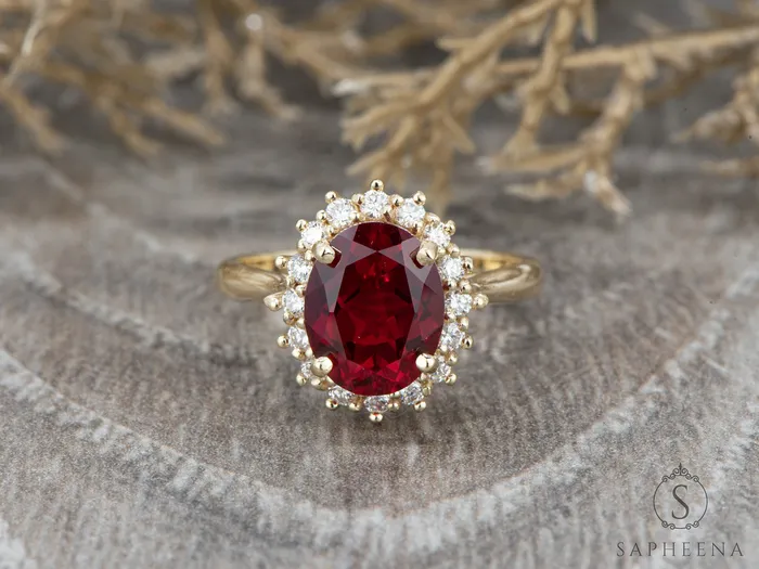 Maia 270 Ct Oval Cut Halo Ruby Engagement Ring Sapheena Jewelry Rings