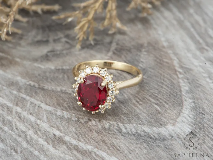 Maia 270 Ct Oval Cut Halo Ruby Engagement Ring Sapheena Jewelry Rings
