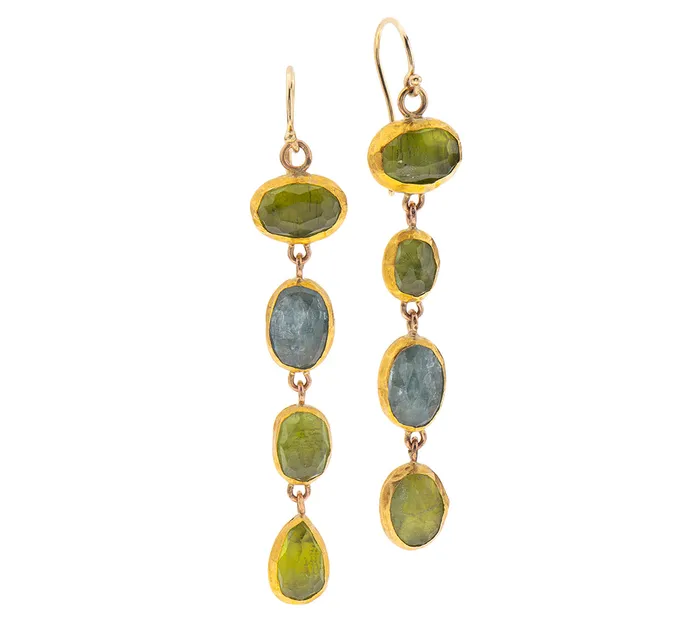 Nava Zahavi Earrings Nava Zahavi Yellow Gold Long Earrings of Peridots and Aquamarines Nava Zahavi Earrings Nava Zahavi Yellow Gold Long Earrings of Peridots and Aquamarines