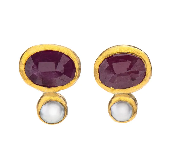 Nava Zahavi Earrings Nava Zahavi Yellow Gold Ruby and Pearl Stud Earrings