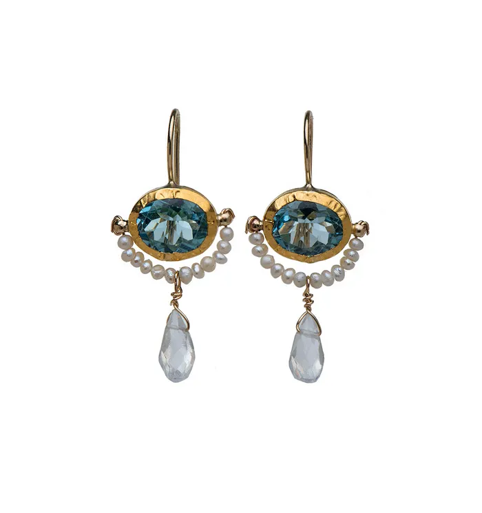Nava Zahavi Yellow Gold Blue Topaz and Pearl Earrings Nava Zahavi Earrings