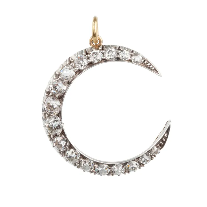 Necklaces Bell Bird Antiques Victorian Era Old Mine Cut Diamond Crescent Pendant Necklaces Bell Bird Antiques Victorian Era Old Mine Cut Diamond Crescent Pendant