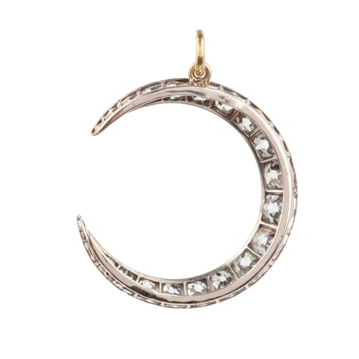 Necklaces Bell Bird Antiques Victorian Era Old Mine Cut Diamond Crescent Pendant