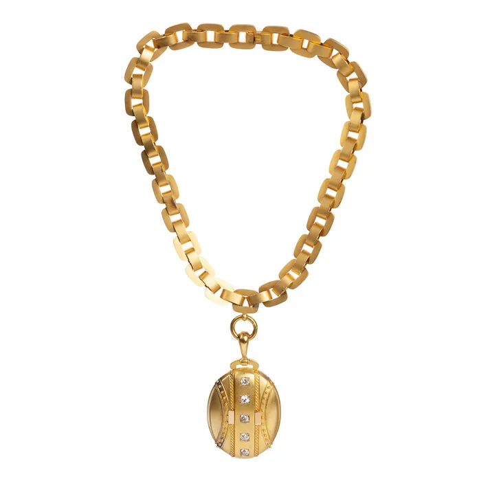 Necklaces Victorian Era Gold Collar and Diamond Locket Necklace Bell Bird Antiques Necklaces Victorian Era Gold Collar and Diamond Locket Necklace Bell Bird Antiques