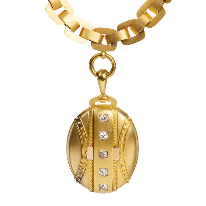Necklaces Victorian Era Gold Collar and Diamond Locket Necklace Bell Bird Antiques