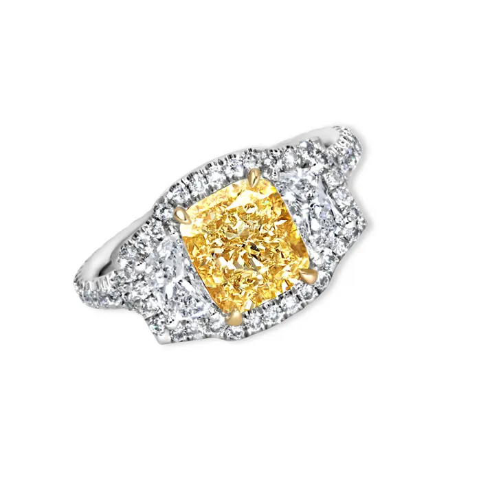 Polachecks Collection Yellow Cushion Cut Diamond with Side Stones Ring 372tw Rings