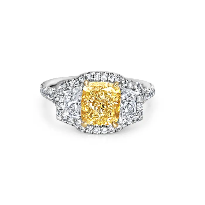 Polachecks Collection Yellow Cushion Cut Diamond with Side Stones Ring 372tw Rings