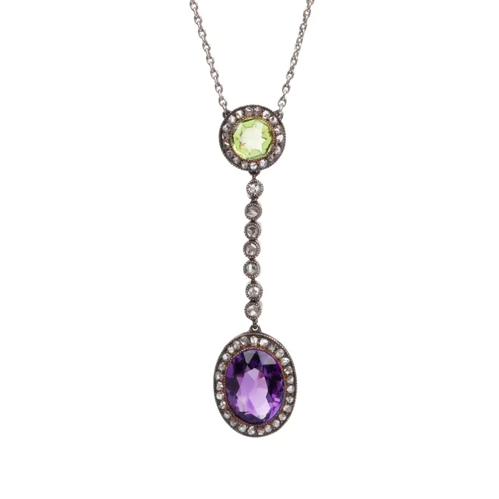 Rare Suffragette Amethyst Peridot and Diamond Pendant Bell Bird Antiques Necklaces
