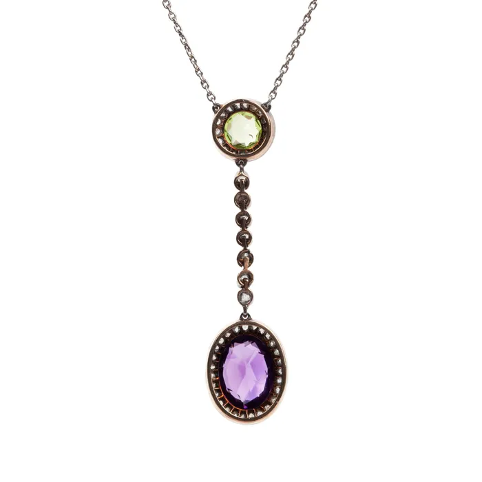 Rare Suffragette Amethyst Peridot and Diamond Pendant Bell Bird Antiques Necklaces