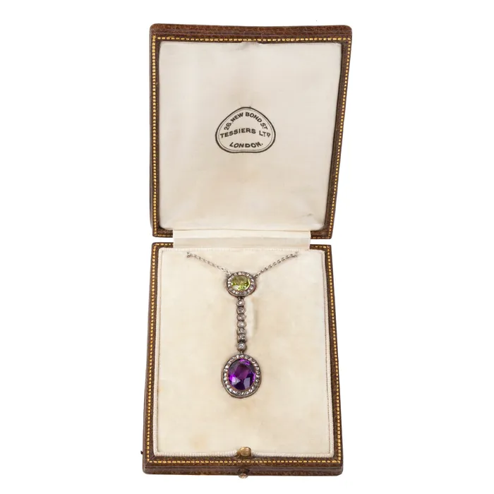 Rare Suffragette Amethyst Peridot and Diamond Pendant Bell Bird Antiques Necklaces