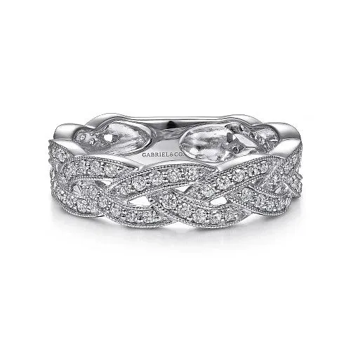 Rings 14K White Gold Braided Diamond Stackable Ring GABRIEL CO