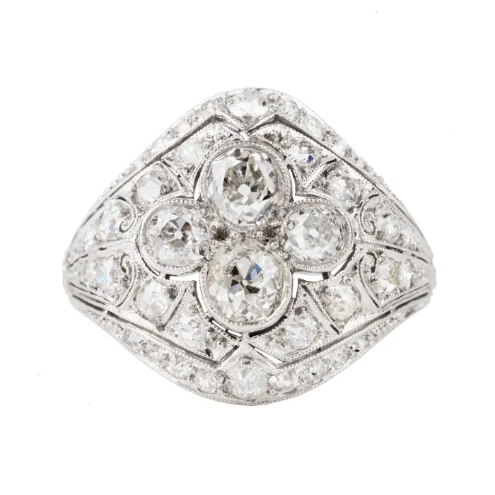 Rings Bell Bird Antiques Edwardian Era Platinum Filigree Diamond Ring