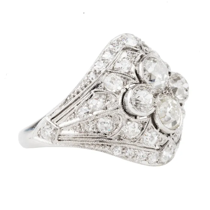 Rings Bell Bird Antiques Edwardian Era Platinum Filigree Diamond Ring