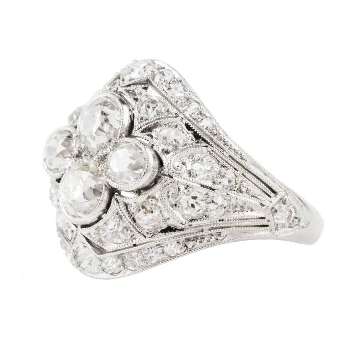 Rings Bell Bird Antiques Edwardian Era Platinum Filigree Diamond Ring