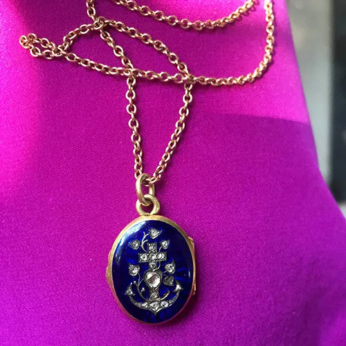 Rings Bell Bird Antiques Faith Hope Charity Blue Enamel Locket