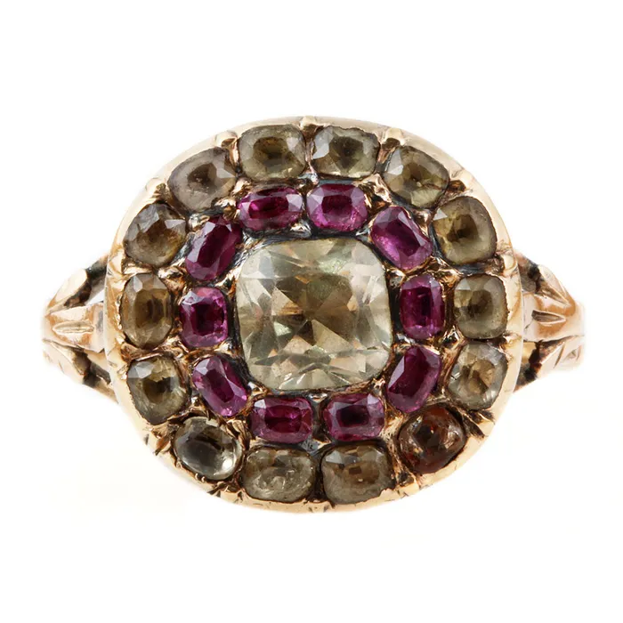 Rings Bell Bird Antiques Georgian Era Chrysolite and Ruby Cluster Ring