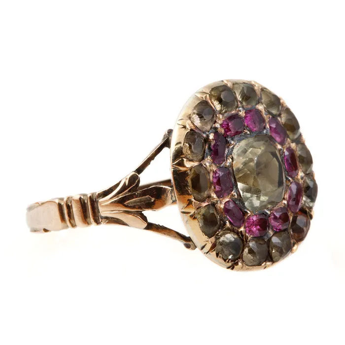 Rings Bell Bird Antiques Georgian Era Chrysolite and Ruby Cluster Ring