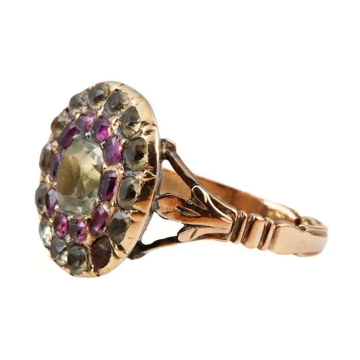 Rings Bell Bird Antiques Georgian Era Chrysolite and Ruby Cluster Ring